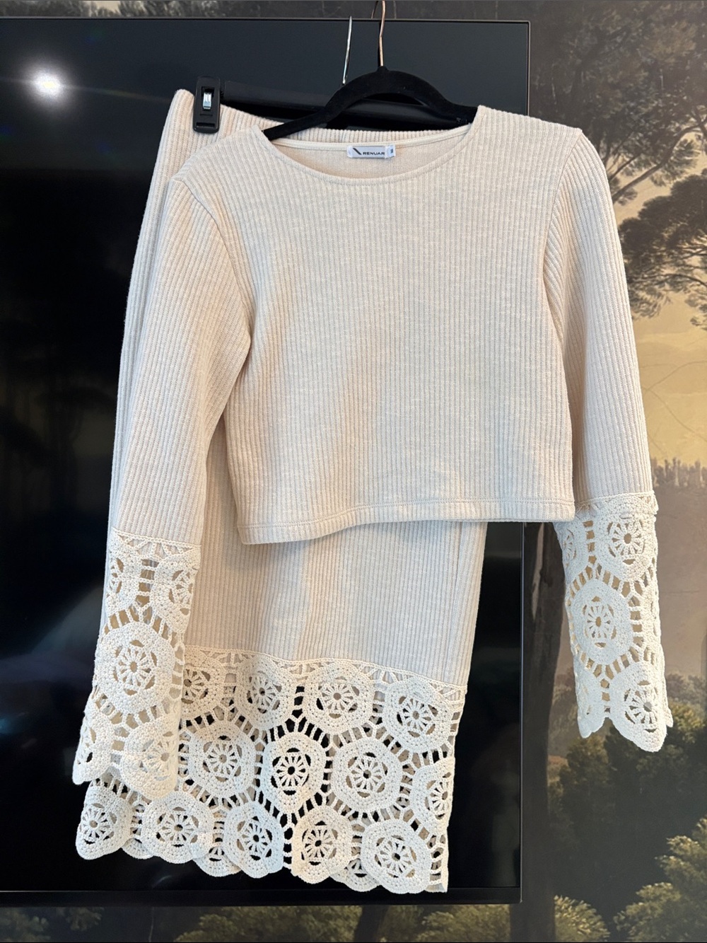Cream Crochet-Hem Ribbed Knit Pencil Skirt set